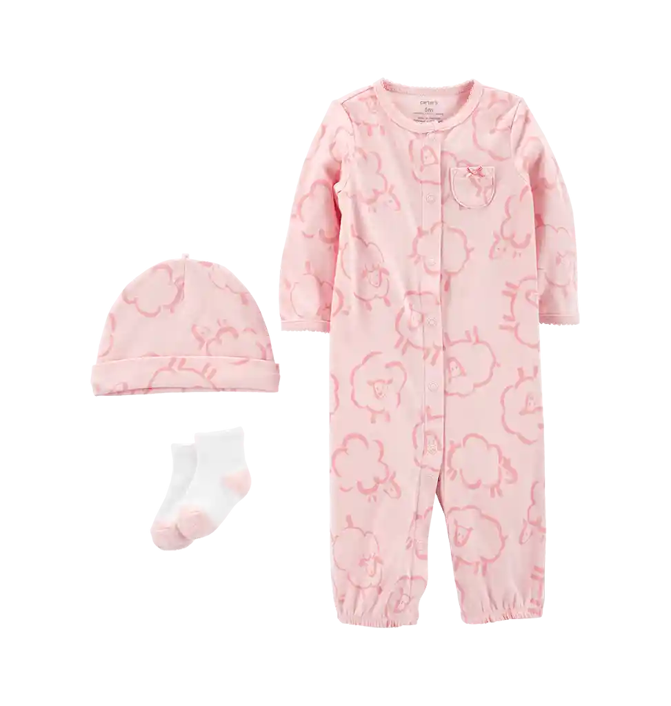 Pijama Bebe, Diseño Rosa Con Ovejitas Incluye Medias Y Gorrito