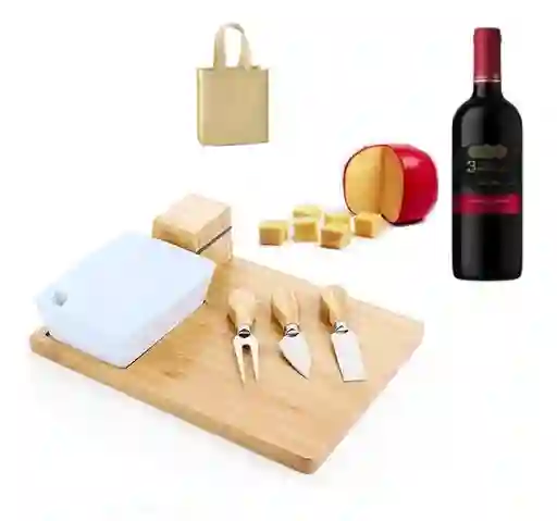 Tabla Para Quesos En Bamboo + Vino + Queso + Bolsa Especial