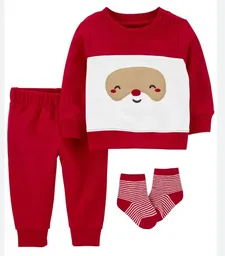 Conjunto Navideño Papa Noel - Chaqueta Tipo Buso Bordado Pantalon Y Medias 9 Meses