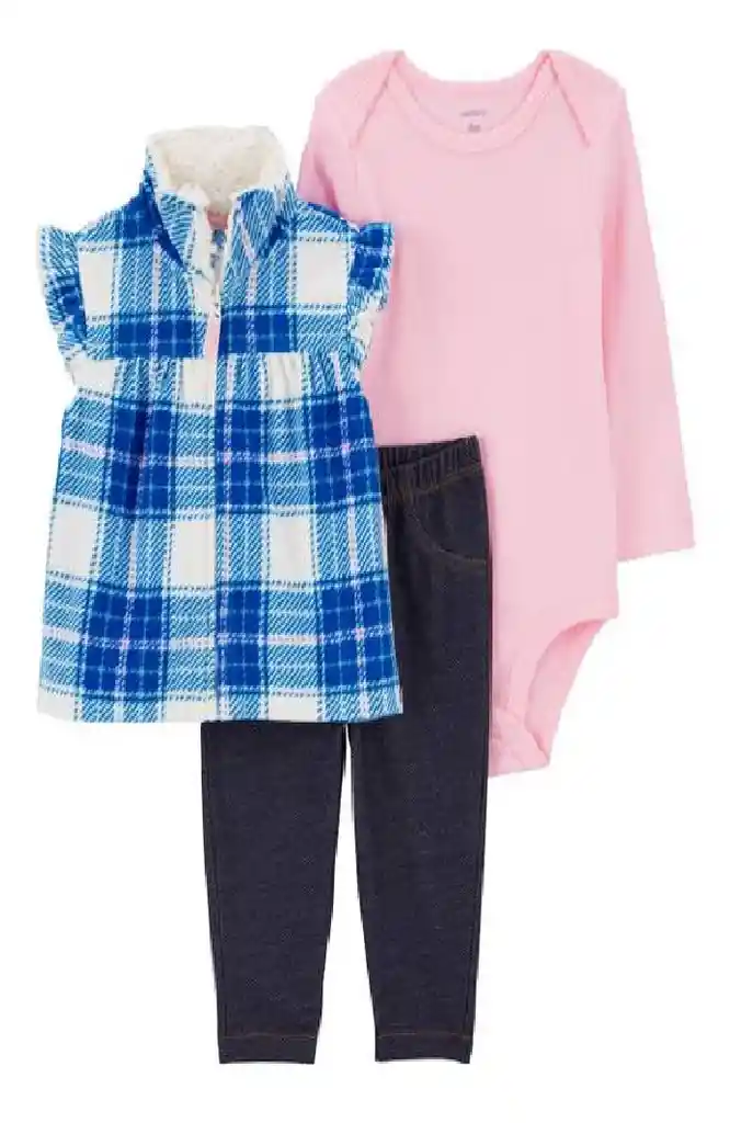 	 Conjunto Chaleco Leñador Azul Rosa - 9 Meses