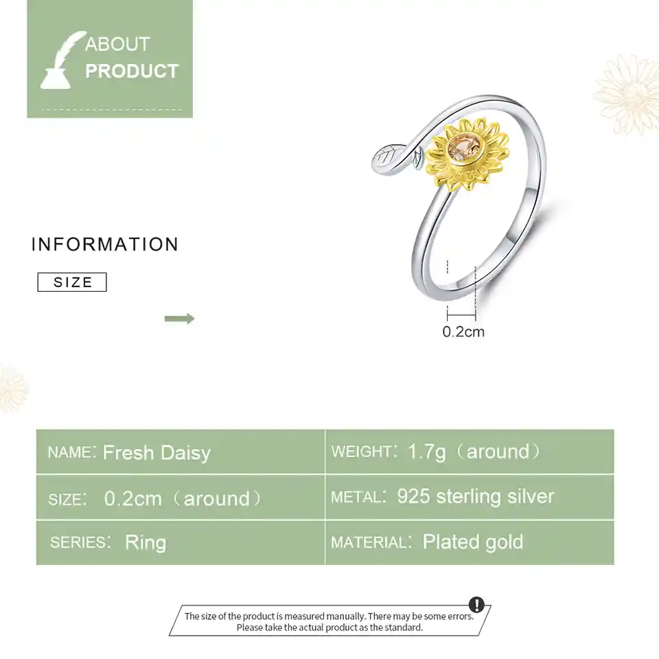 Anillo Para Mujer Ajustable Flor Girasol En Plata 925