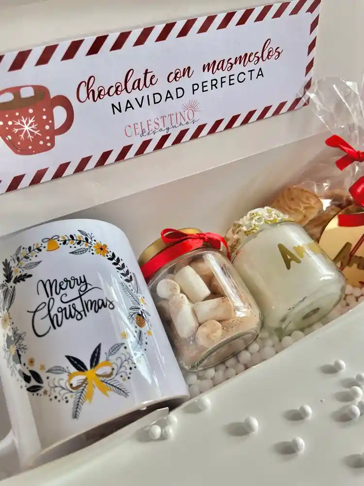 Ancheta Chocolate Y Navidad; Bolita Navideña, Vela, Pocillo Elegante De Navidad