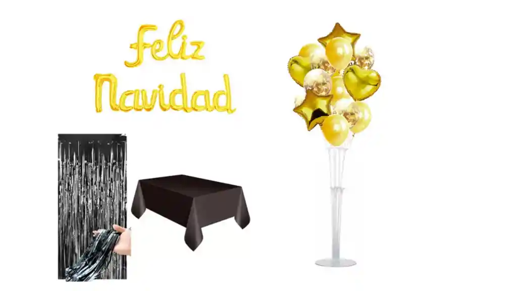 Kit Navideño Globo Guirnala Feliz Navidad + Mantel Y Cortina + Base Con Globos Confeti