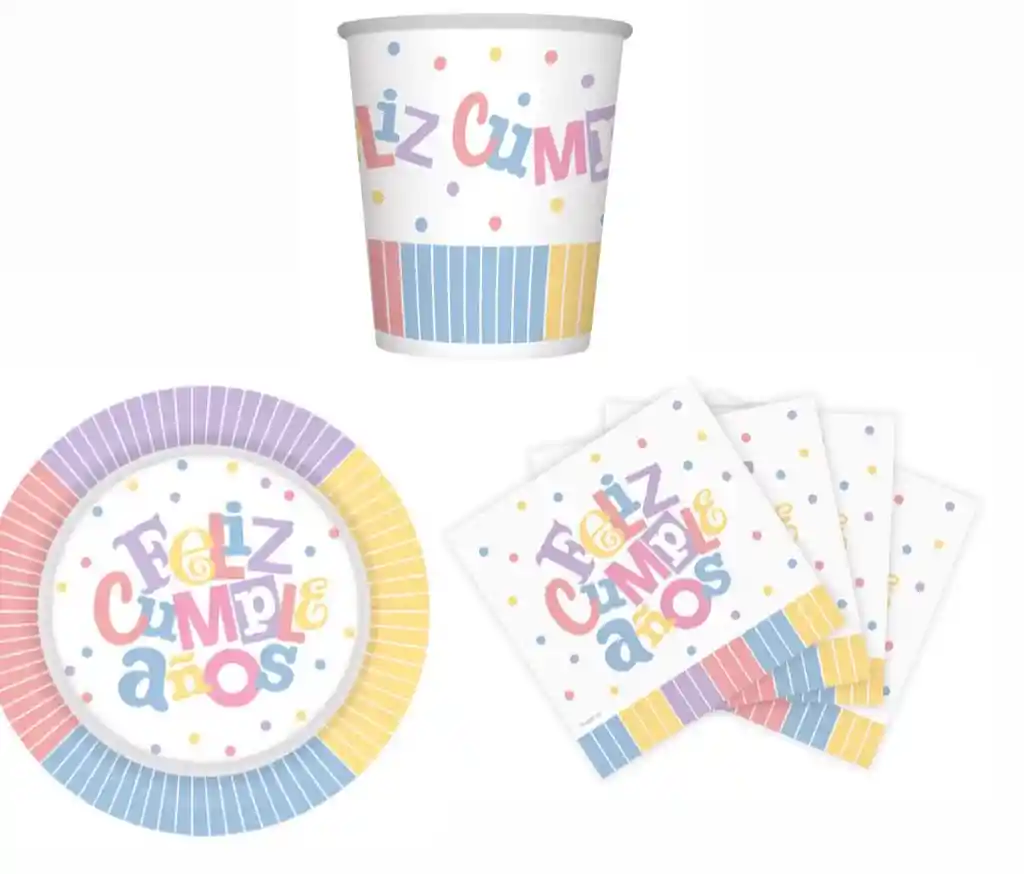 Set Platos, Vasos, Servilletas Feliz Cumpleaños Festival Pastel Sempertex