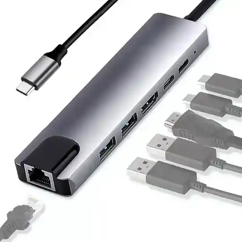 Adaptador Hub Usb Tipo C 6 En 1 Para Internet Red 4k Hdmi - 1113571