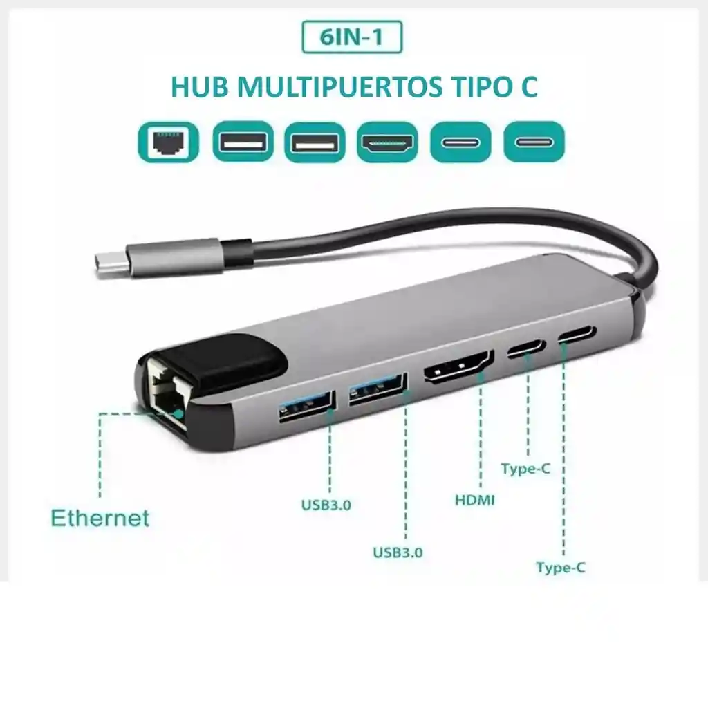 Adaptador Hub Usb Tipo C 6 En 1 Para Internet Red 4k Hdmi - 1113571