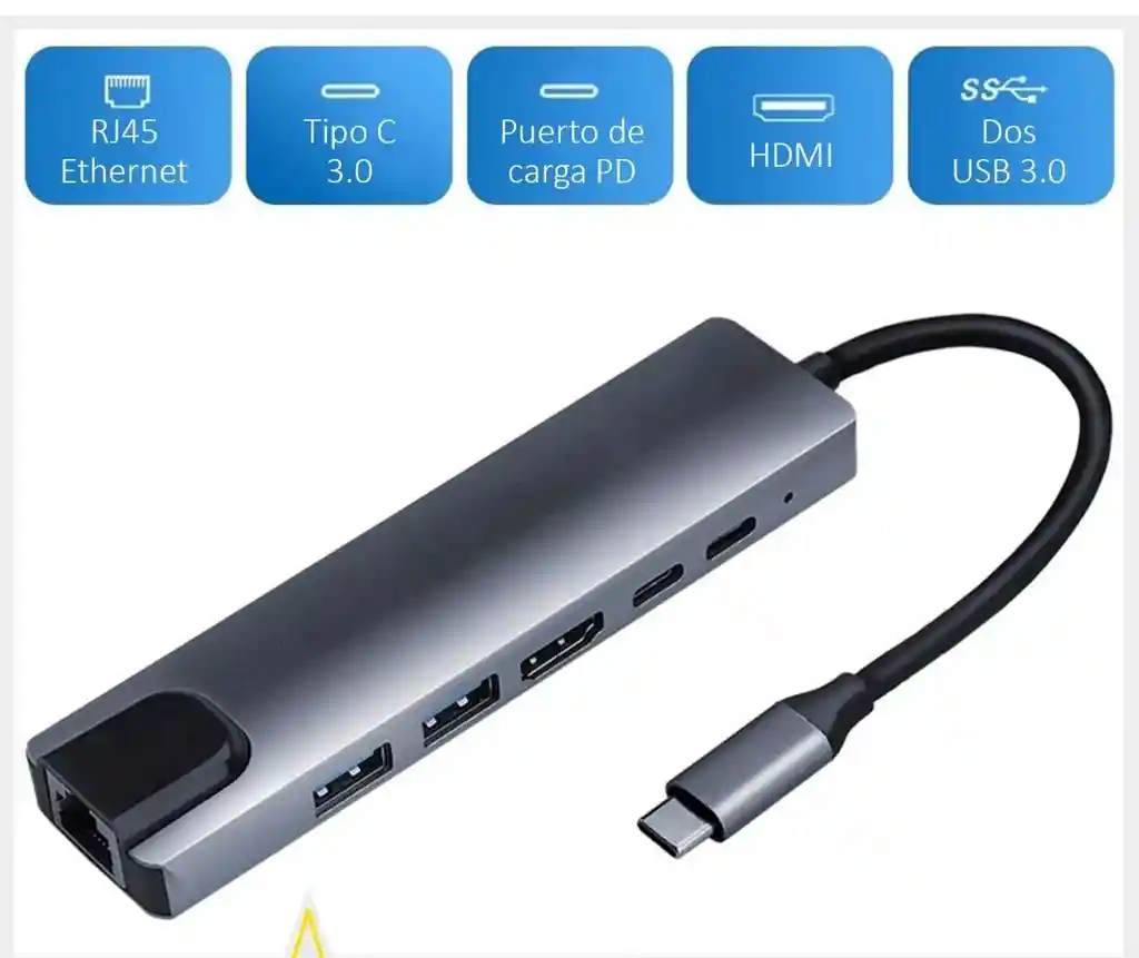 Adaptador Usb Tipo C Para Macbook Hub 6 En 1 Hdmi, Usb, Ethernet, Tipo C Ref. 1113571