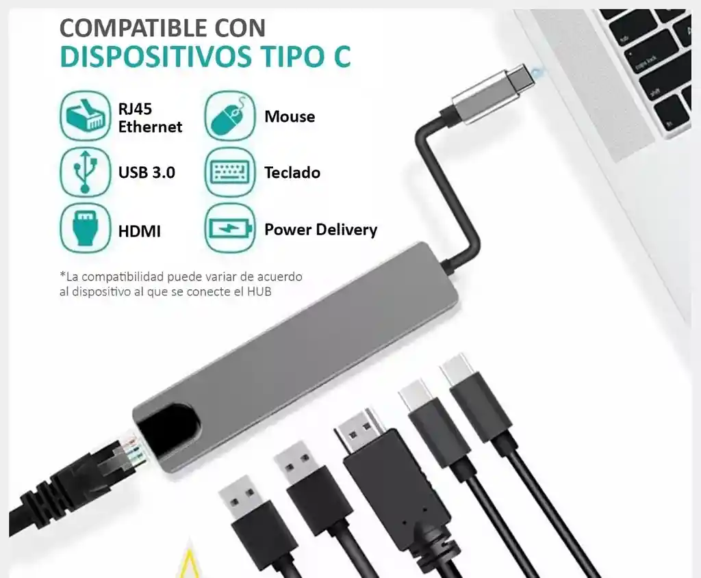 Adaptador Usb Tipo C Para Macbook Hub 6 En 1 Hdmi, Usb, Ethernet, Tipo C Ref. 1113571