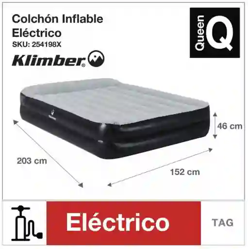 Colchon Inflable Electrico Queen Marca Klimber Doble Medidas Ancho 152cm Largo 203cm Alto 46cm