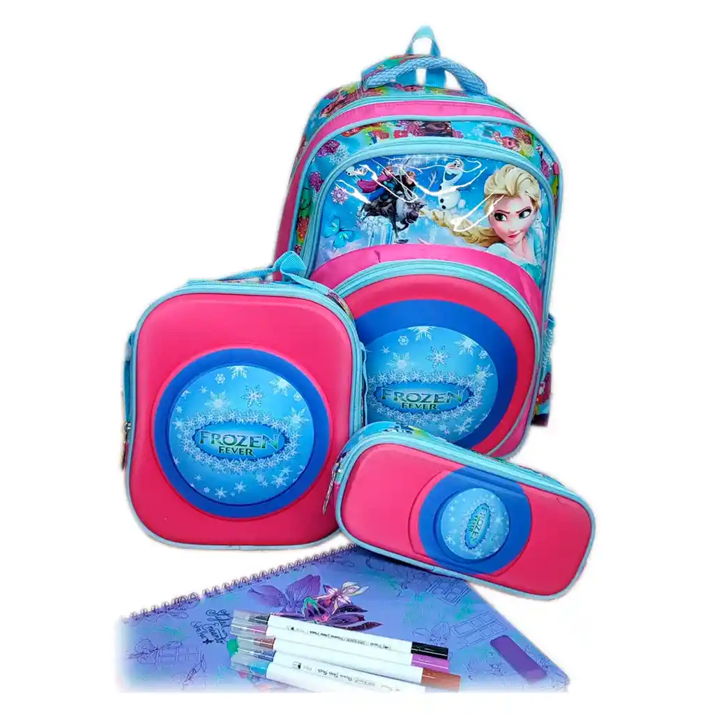 Kit X3 Maleta + Lonchera + Cartuchera Personajes Morral Frozen Lujo