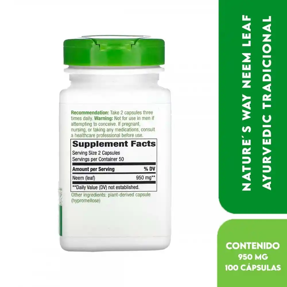 Nature's Way Neem Leaf Ayurvedic Tradicional 950 Mg Por Servicio, 100 Cápsulas Veganas