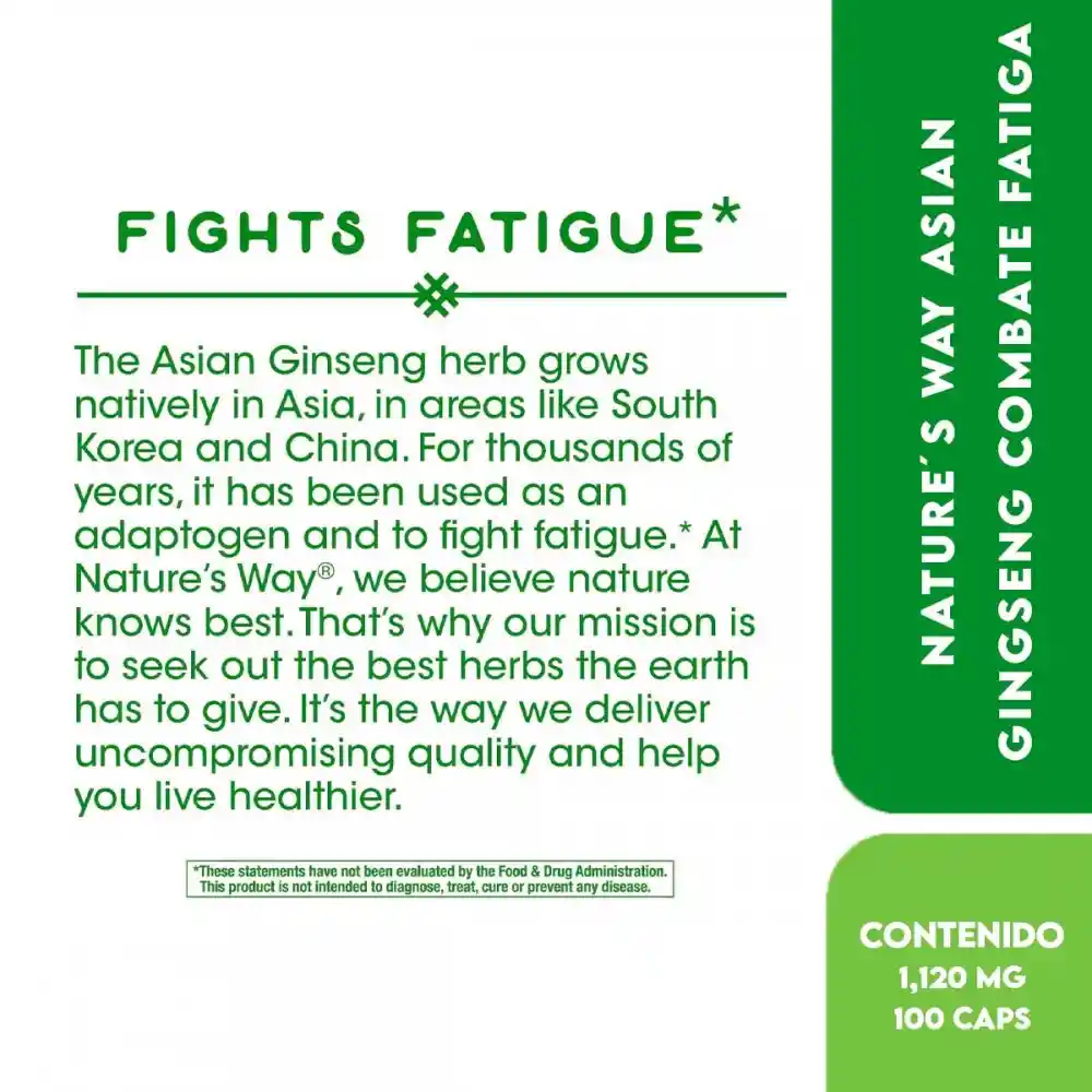 Nature's Way Asian Ginseng Combate La Fatiga 1,120 Mg Por Servicio 100 Cápsulas Veganas