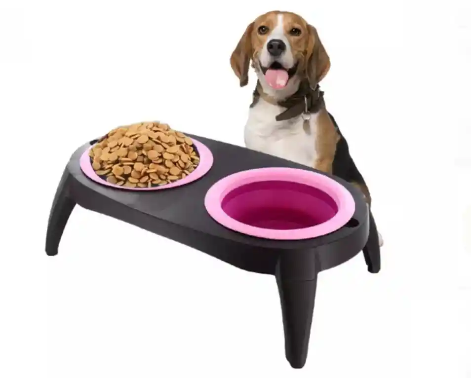 Comedor Comedero Doble Elevado Plegable Para Mascotas