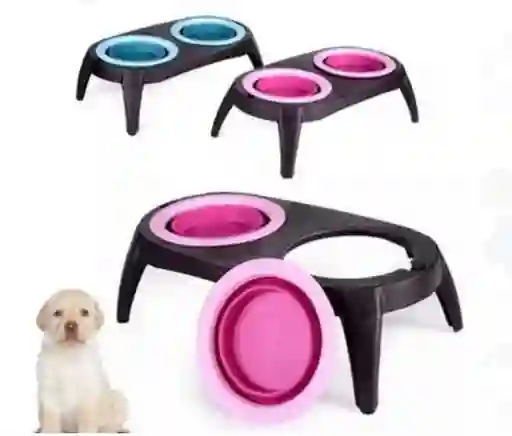 Comedor Comedero Doble Elevado Plegable Para Mascotas