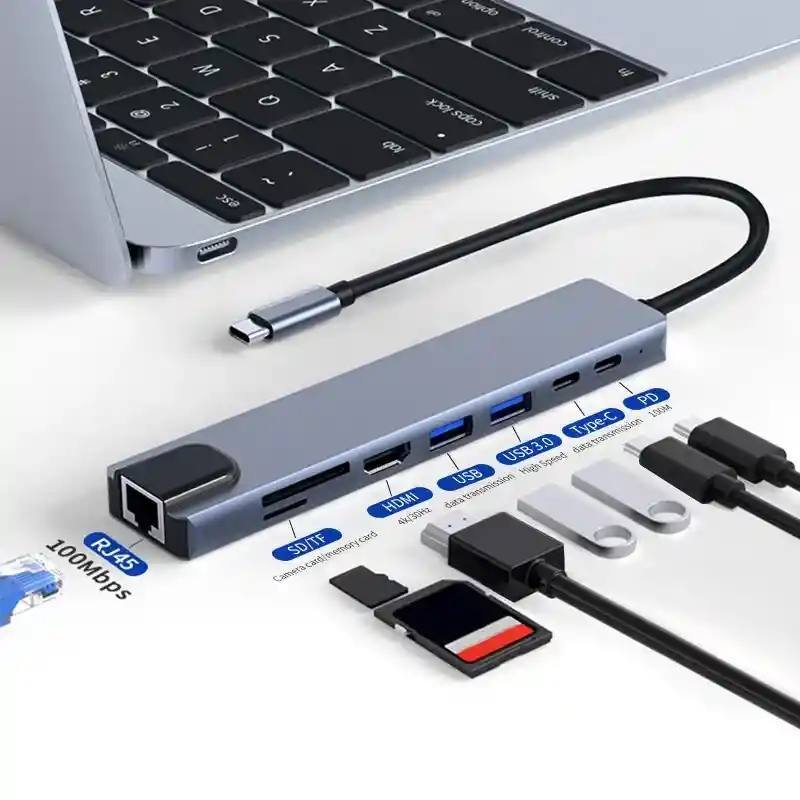 Hub Adaptador Usb Tipo C 8 En 1 Macbook Windows Tablets Rj45