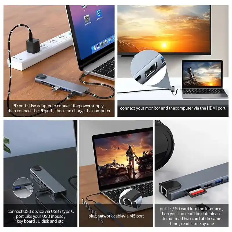 Hub Adaptador Usb Tipo C 8 En 1 Macbook Windows Tablets Rj45