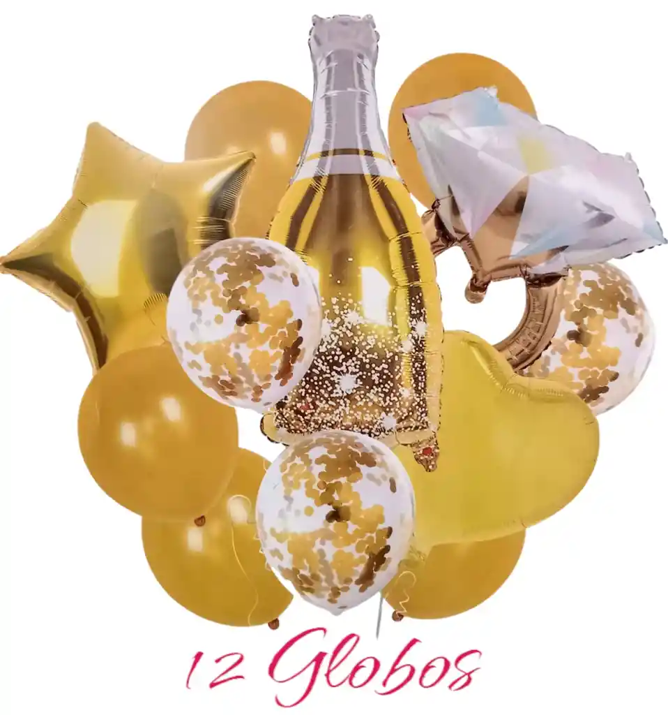 Bouquet X 12 Globos Metalizados Y Latex + Confeti Dorado