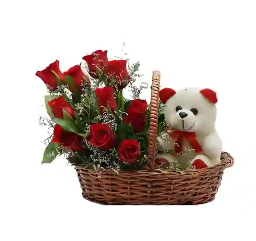 Flores En Canasta, Rosas Y Peluche