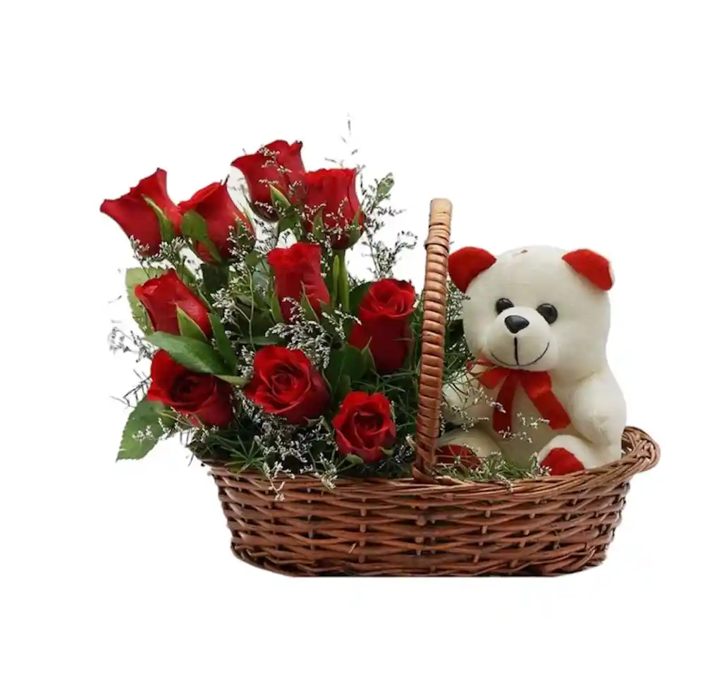 Flores En Canasta, Rosas Y Peluche