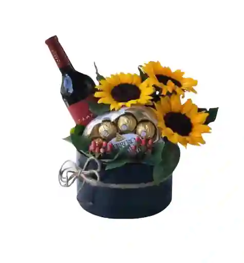 Girasoles En Caja Floral Con Baileys Y Chocolates.
