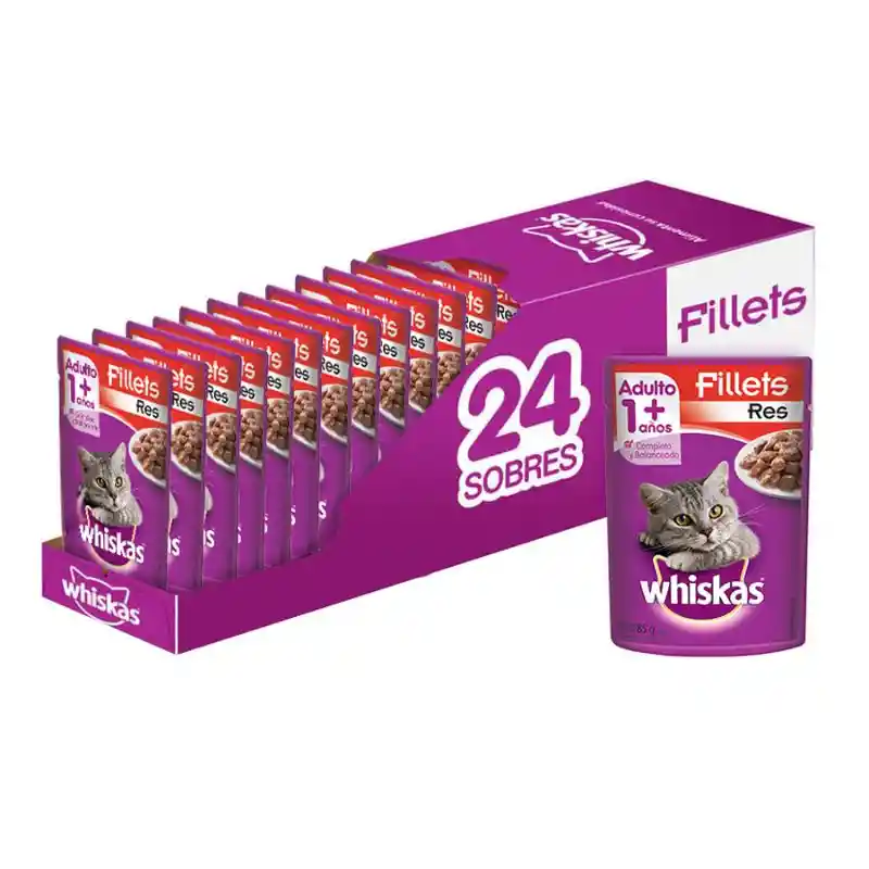 Whiskas - Alimento Húmedo Para Gato Adulto Carne 24 Sobres X 85 G