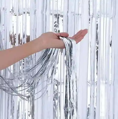 Cortina De Tiras Plateada Decorativa Fiestas Metalizada