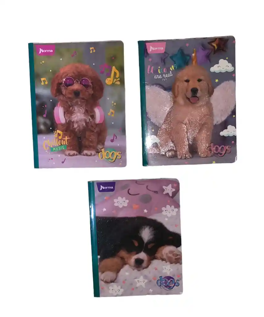 Cuaderno Cosido Cuadriculado Niña 1 Materia Norma Dogs X100 Hojas Plastificado Con Stickers