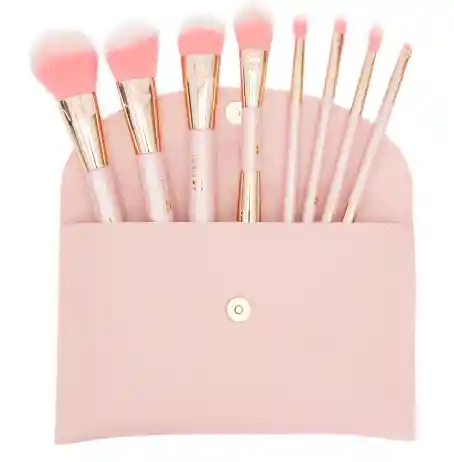 Kit Set De Brochas Rosado Rebelde Con Cosmetiquera Trendy