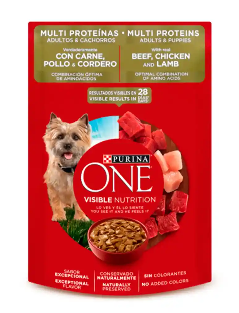 Purina® One® Super Nutrientes Carne, Pollo Y Cordero Adultos Y Cachorros 85 G
