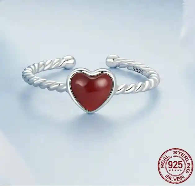 Anillo Ajustable Para Mujer Corazón Rojo Amor En Plata 925