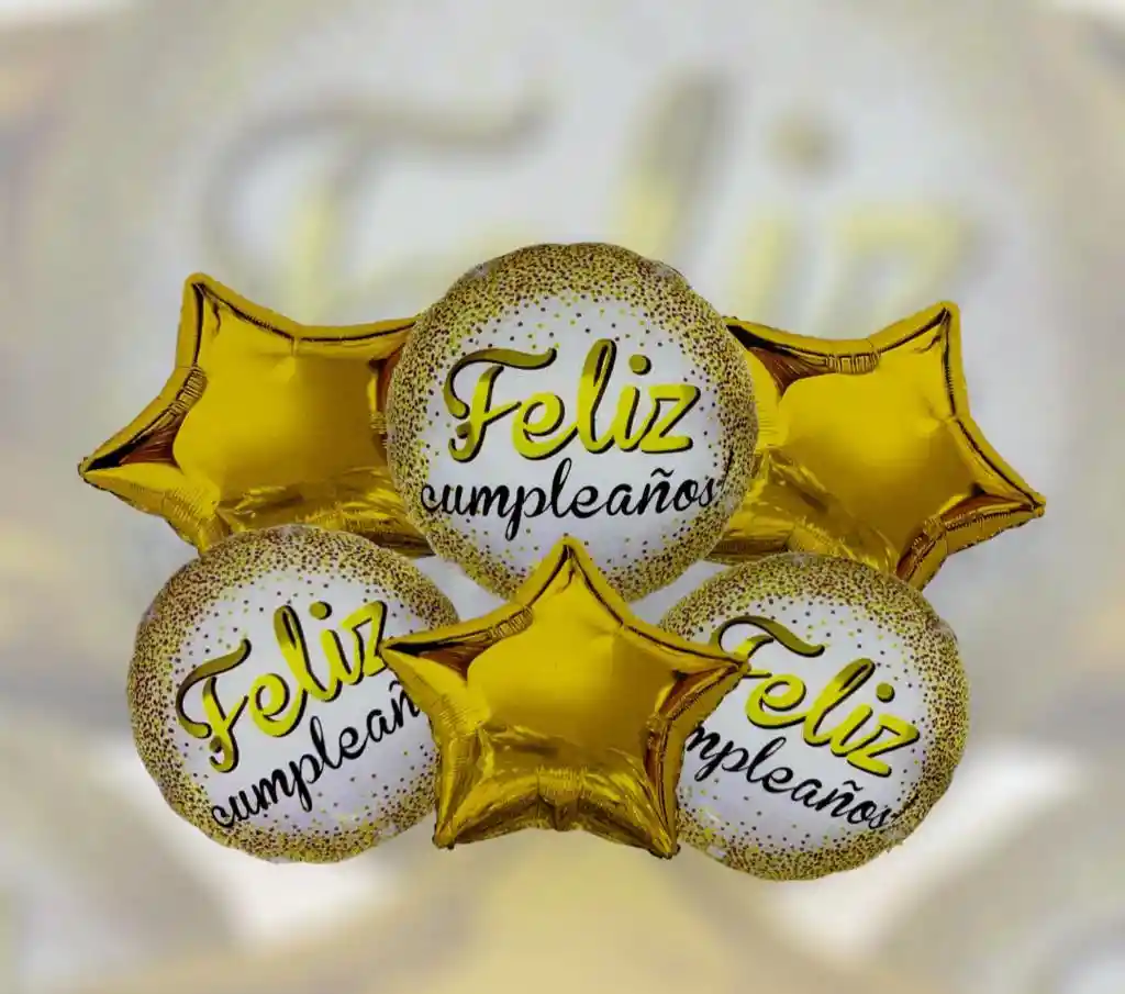 Bouquet Globos Bombas Feliz Cumpleaños Cursivo Con Estrellas Dorado X6 Unds