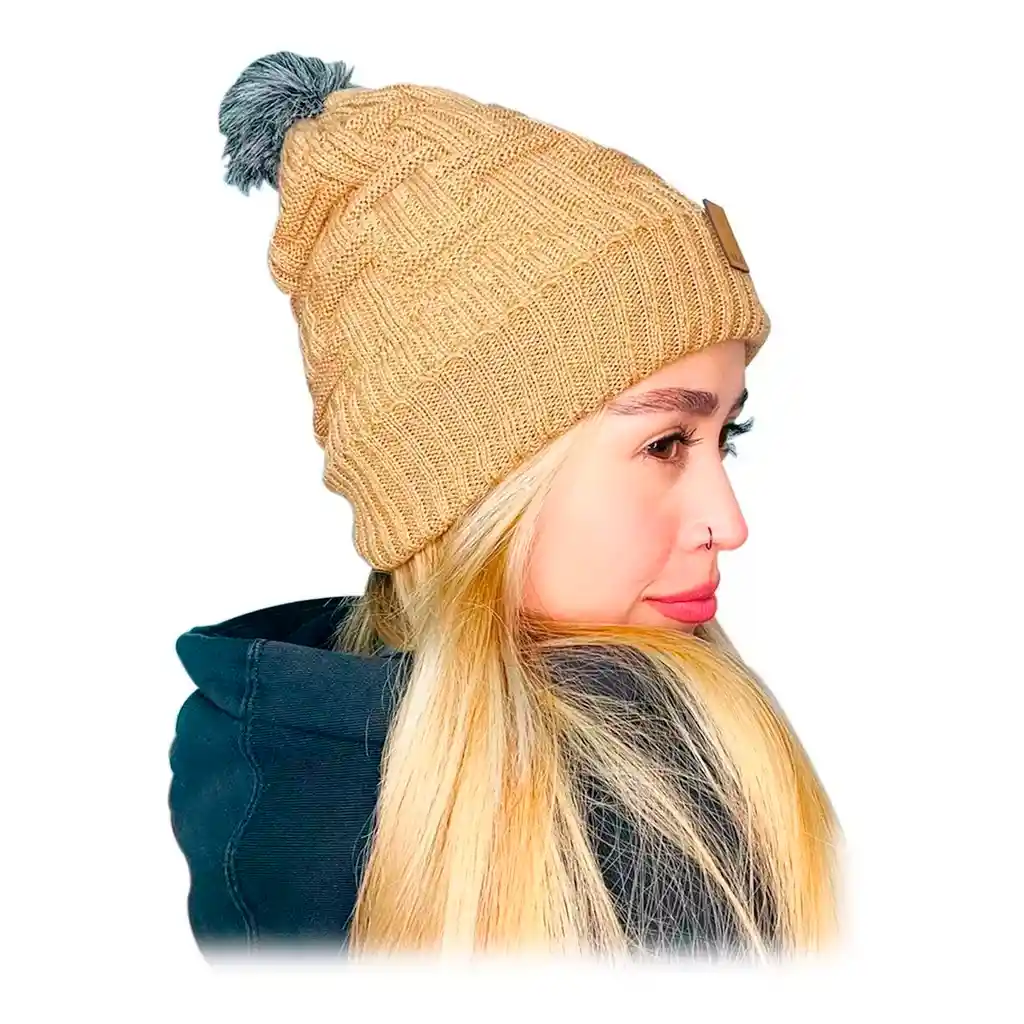 Gorro Pompon Bola Unisex Fashion Frío En Lana Fina Beige