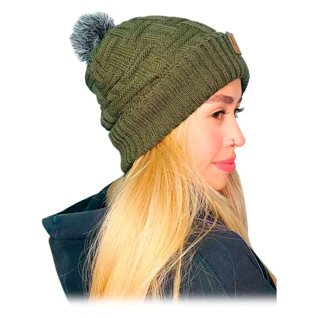 Gorro Pompon Bola Unisex Fashion Frío En Lana Fina Verde Musgo