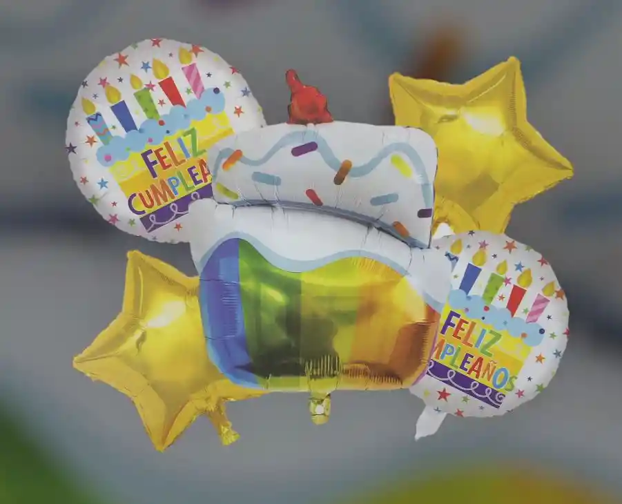 Bouquet Globos Bombas Cupcake "feliz Cumpleaños" Multicolor Estrellas Doradas X5pc