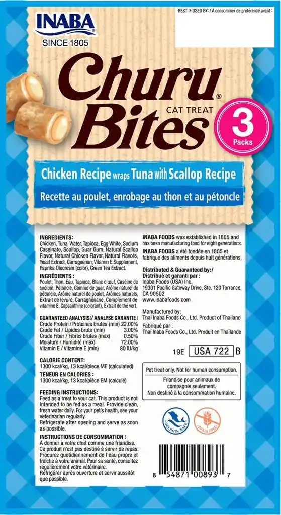 Inaba Cat Snack Churu- Bites Chicken Recipe Wraps Tuna With Scallop Recipe