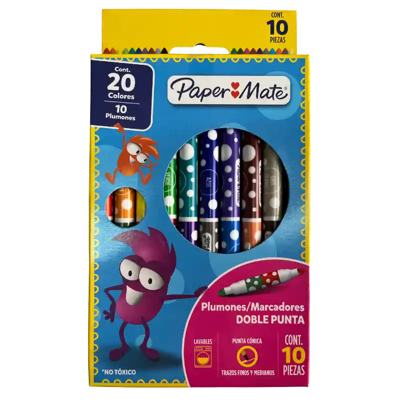 Paquete De Plumon Papermate Doble Punta X10 Unds Punta Conica Lavables