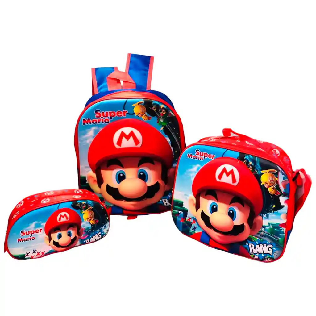 Kit Maleta Morral Peq Mario + Lonchera + Cartuchera Niño 3d Peq