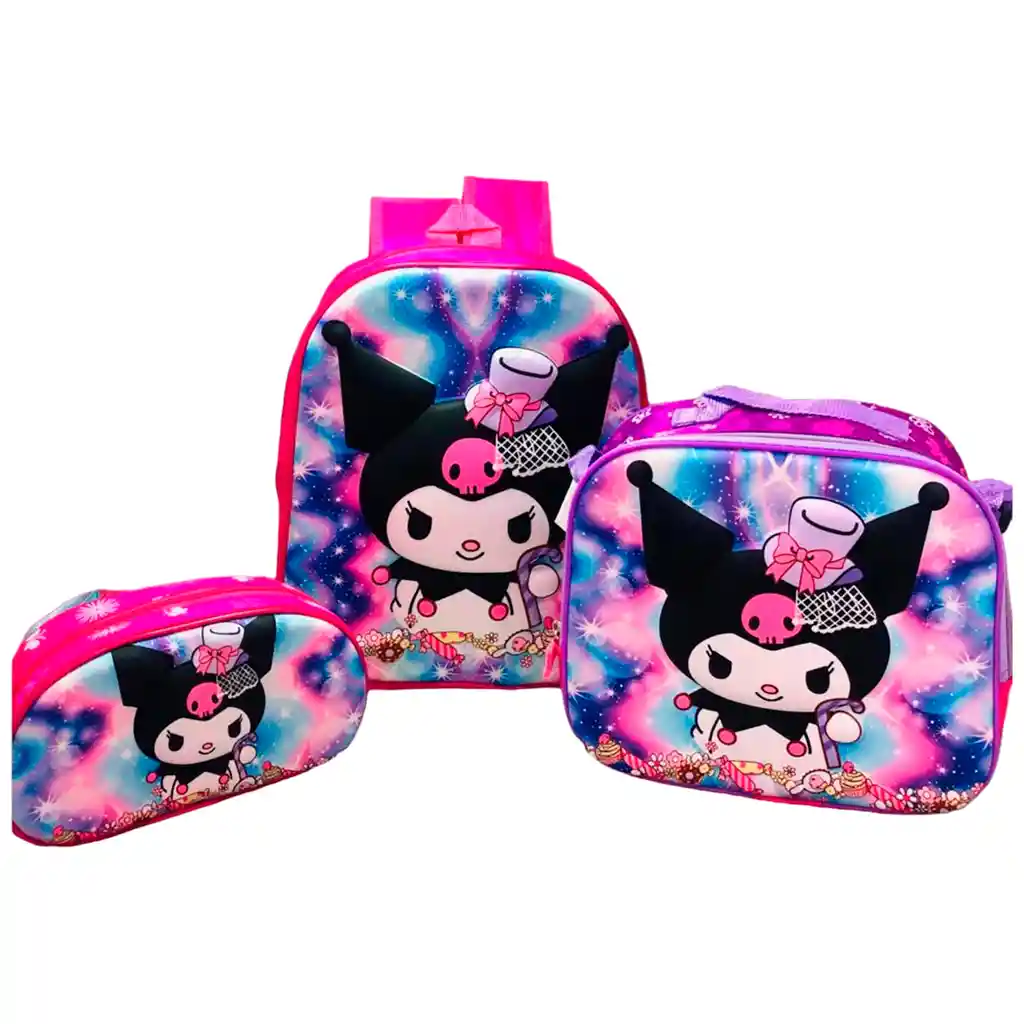 Kit Maleta Morral Peq Kuromi + Lonchera + Cartuchera Niña 3d Peq