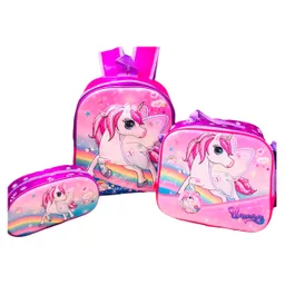 Kit Maleta Morral Peq Unicornio + Lonchera + Cartuchera Niña