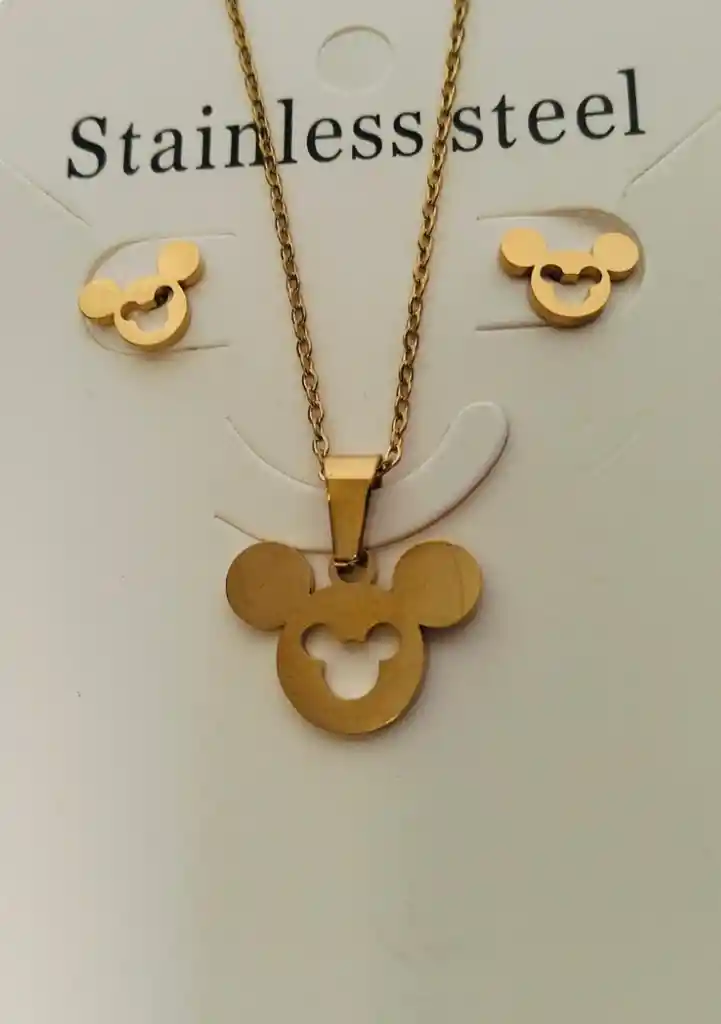 Juego Cadena Aretes Y Dije Diseño Mickey Mouse En Acero