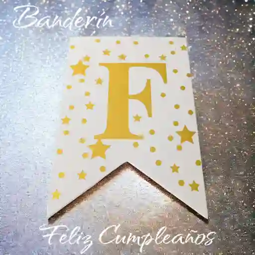 Banderin Feliz Cumpleaños Blanco Con Puntos, Estrellas Y Letras Doradas
