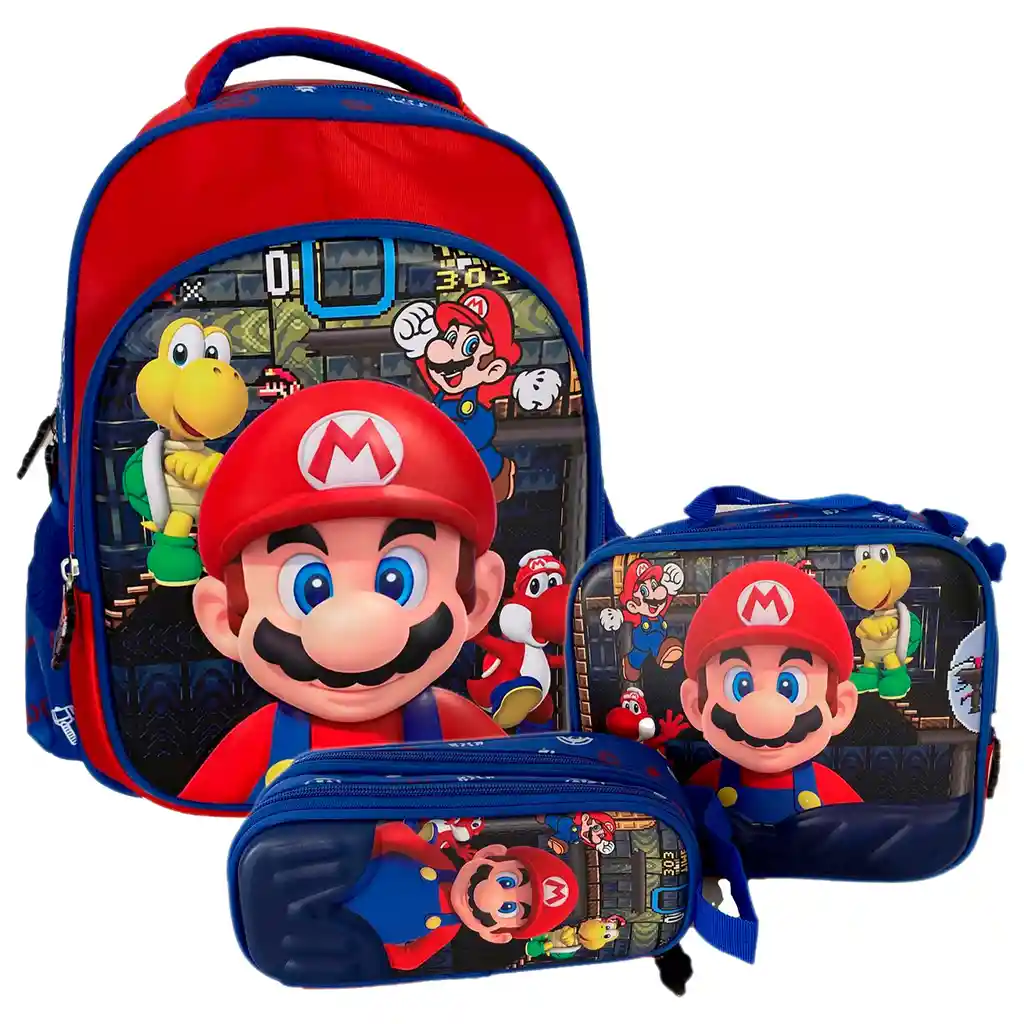 Kit X3 Morral Maleta Mediano + Lonchera + Cartuchera Niños Mario Jle