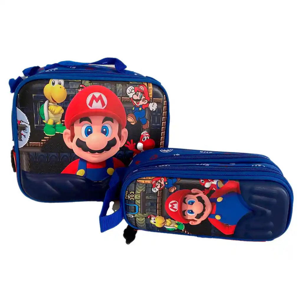 Kit X3 Morral Maleta Mediano + Lonchera + Cartuchera Niños Mario Jle