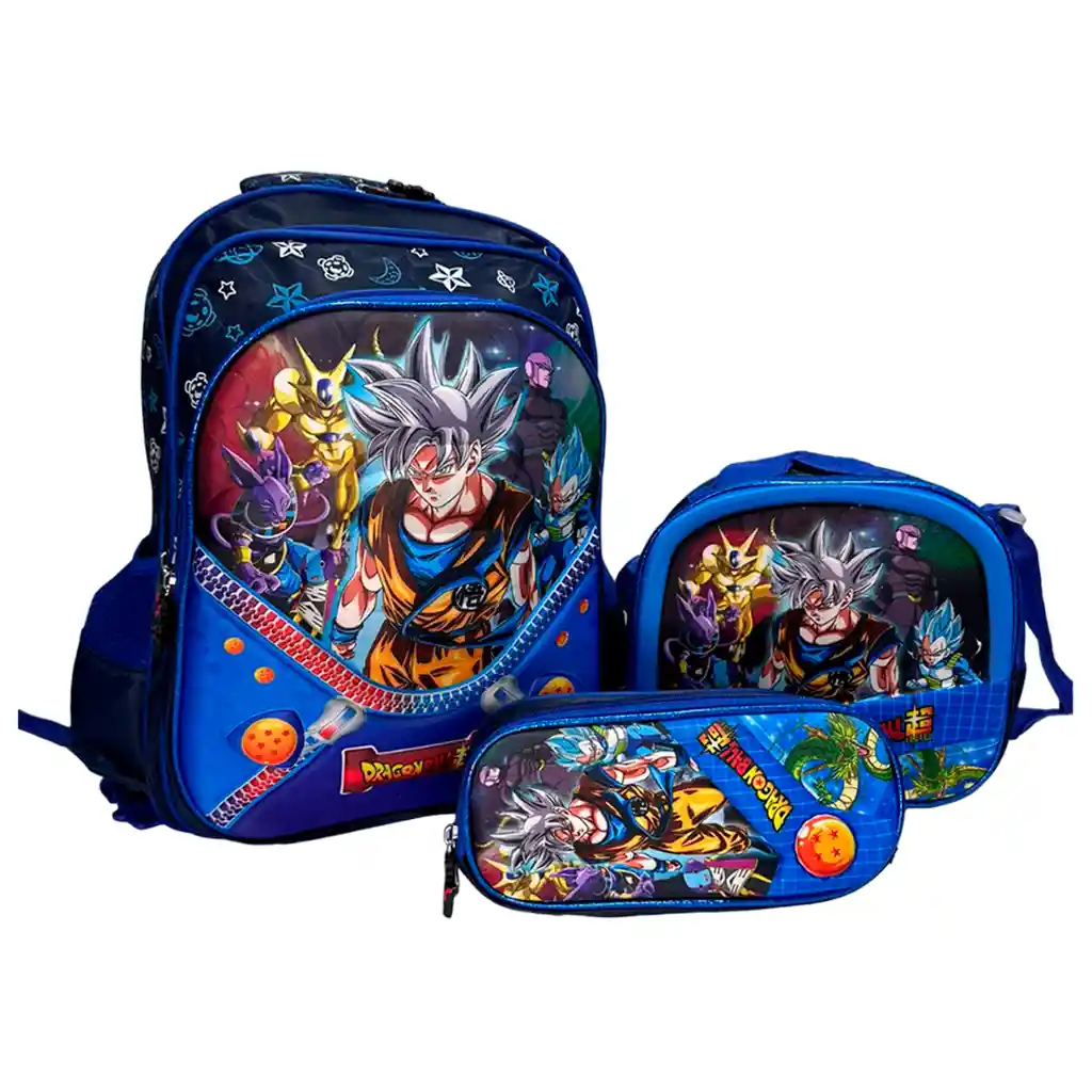 Kit X3 Maleta + Lonchera + Cartuchera Dragon Ball 3d Niño Grande