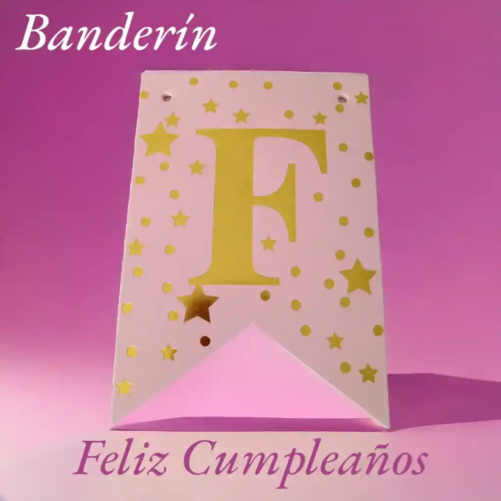 Banderin Feliz Cumpleaños Rosa Con Letras Doradas