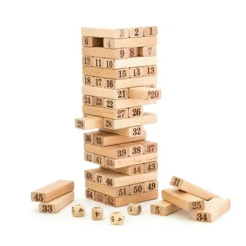 Juego Torre Yenga Mediana Jenga Madera 54 Pcs Dados