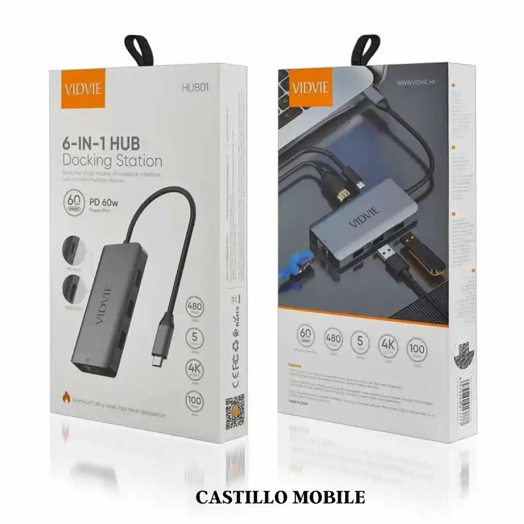 Adaptador Hub Vidvie Hub01 6in1+tipo C Gris