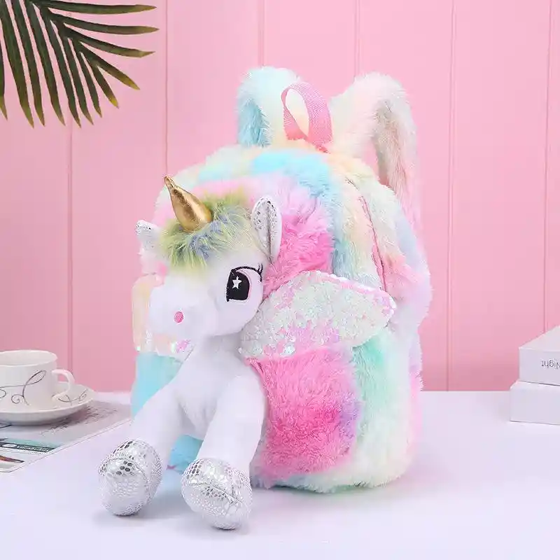 Bolso Viaje Escolar Niño Maleta Unicornio Peluche Morral
