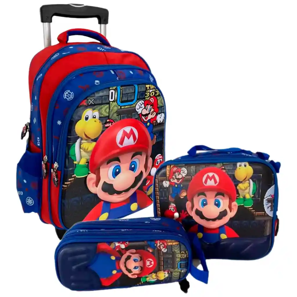 Kit X3 Rueda Grande Mario Bros + Lonchera + Cartuchera Niños Jle