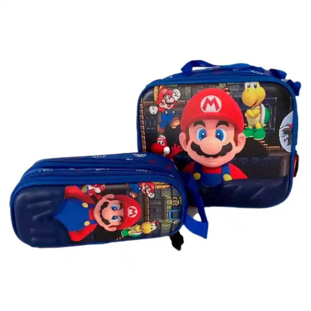 Kit X3 Rueda Grande Mario Bros + Lonchera + Cartuchera Niños Jle